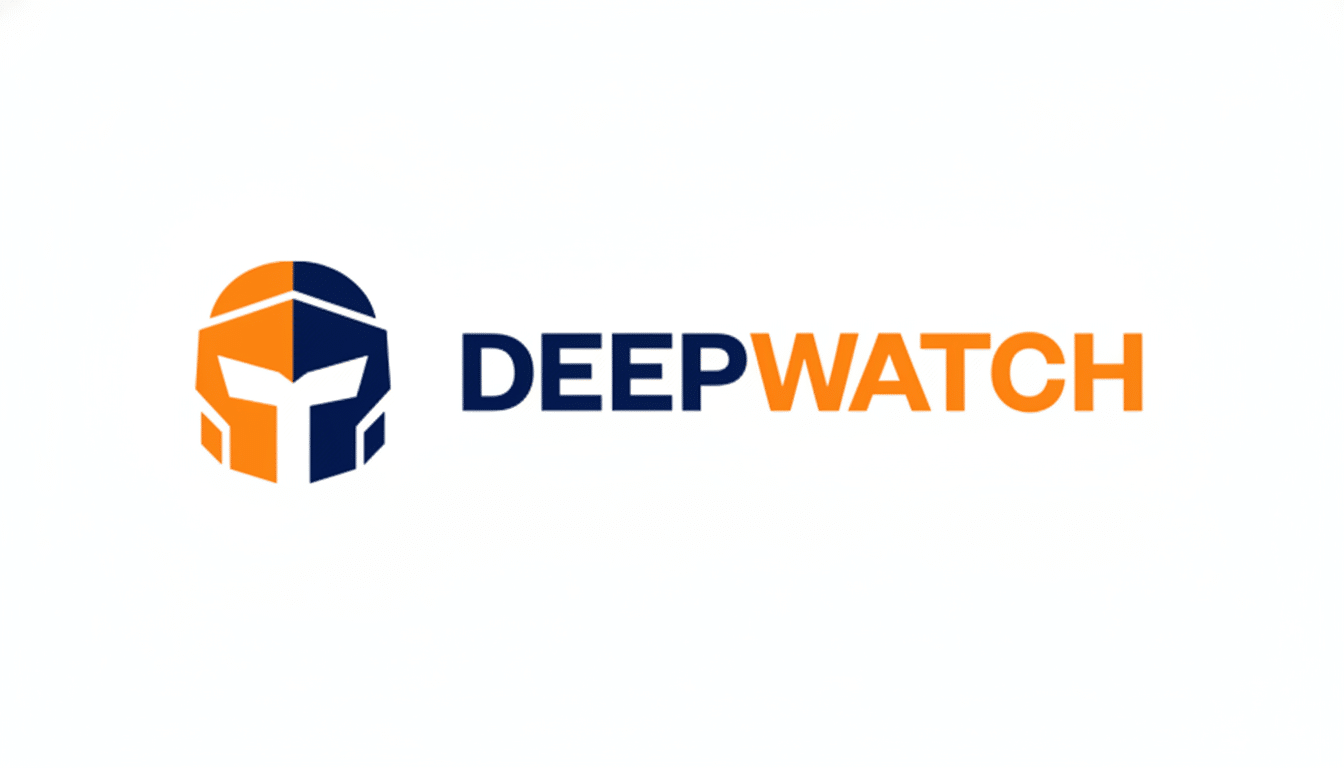 The Deepwatch logo, featuring a stylized Spartan helmet icon in orange and dark blue, alongside the word DEEPWATCH with DEEP in dark blue and WATCH in orange, presented on a clean white background with a 16:9 aspect ratio.