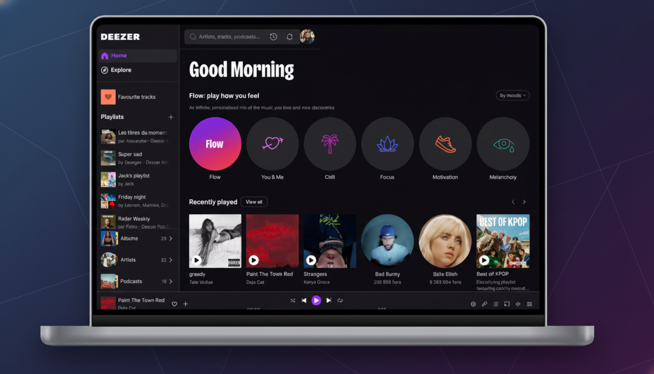A laptop displaying the Deezer music streaming service interface, resized to a 16:9 aspect ratio with a professional, clean presentation.