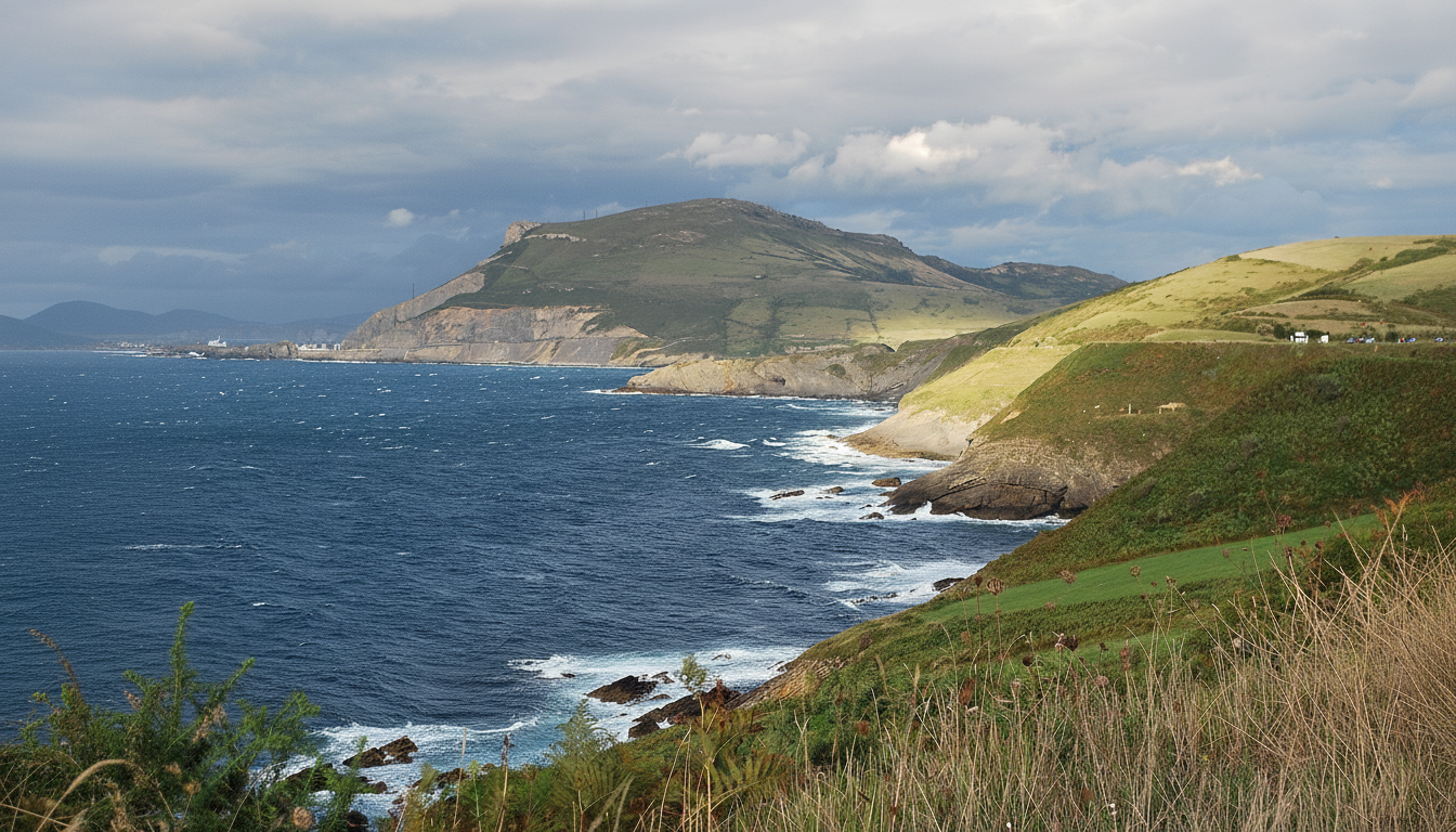 A scenic coastal landscape with a dramatic sky, featuring a rugged coastline, deep blue sea with white waves, and green hills under a mix of sunlight and clouds.