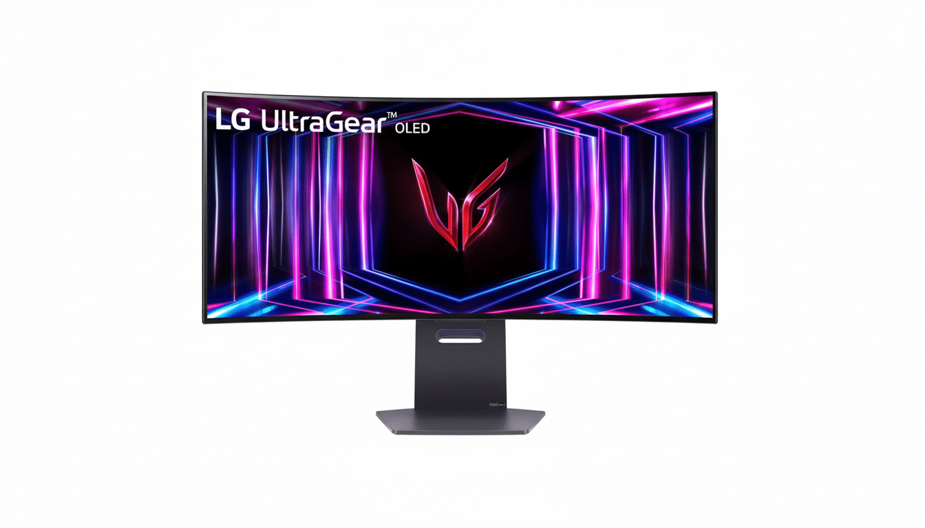 A professional, enhanced image of an LG UltraGear OLED monitor, resized to a 16:9 aspect ratio, with its original white background preserved.