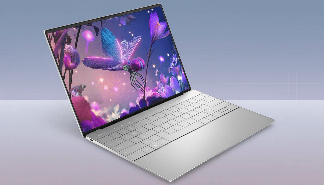 A silver laptop with a vibrant, colorful image of a dragonfly on its screen, set against a professional flat design background with soft patterns and gradients.