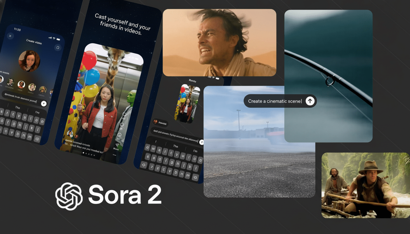 A 16:9 aspect ratio image featuring the Sora 2 logo and various video clips and app interfaces, professionally enhanced with a clean, dark background.