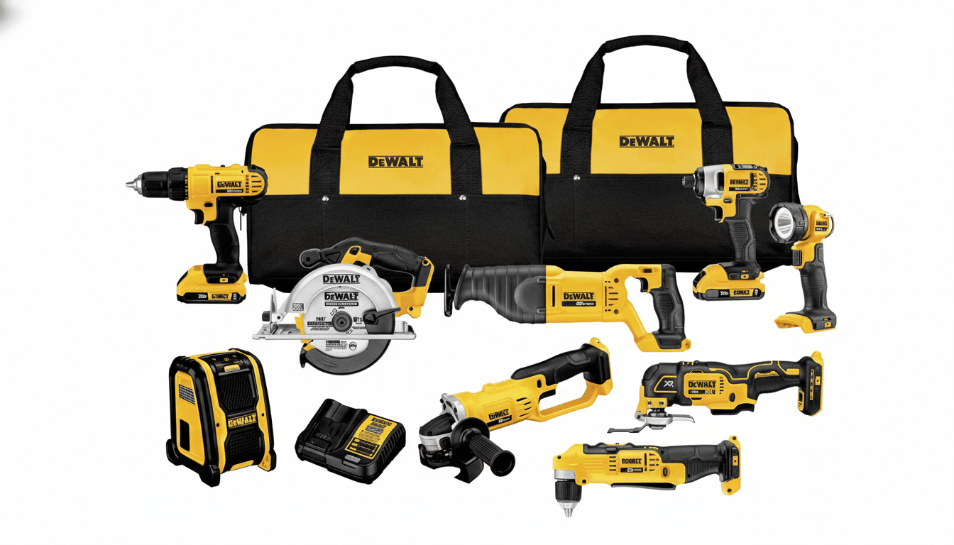 A collection of yellow and black DeWalt power tools, including drills, saws, and other equipment, along with two carrying bags, presented on a clean white background.