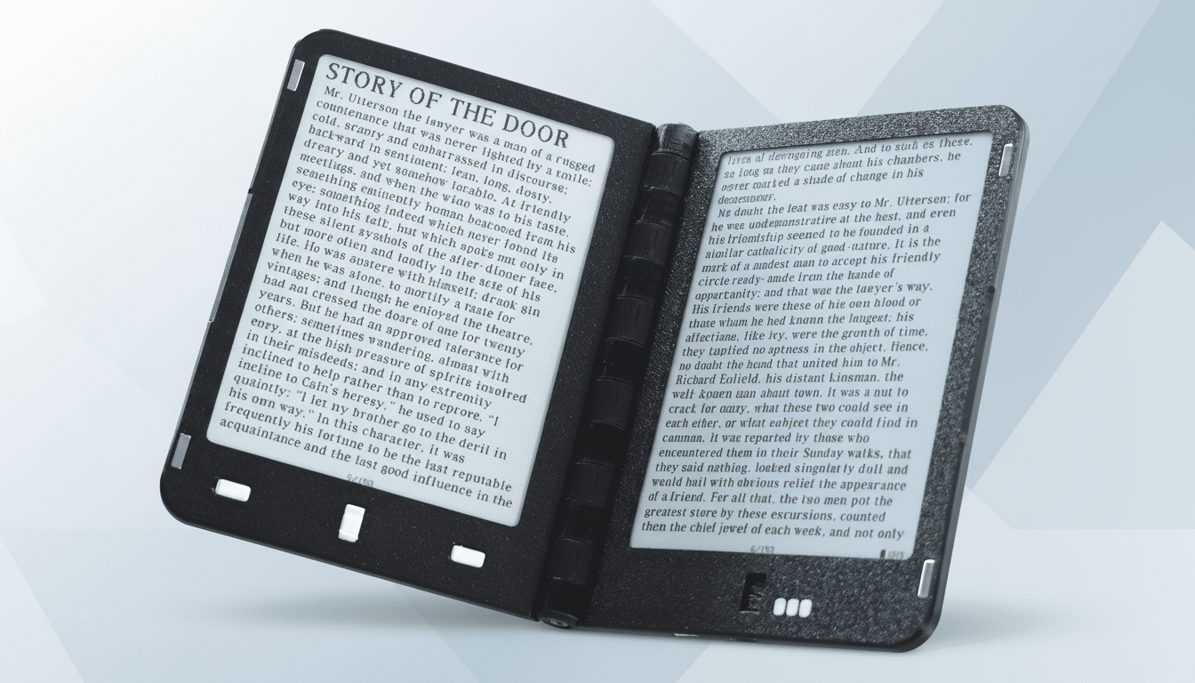 An e-reader displaying the story Story of the Door with a professional flat design background.
