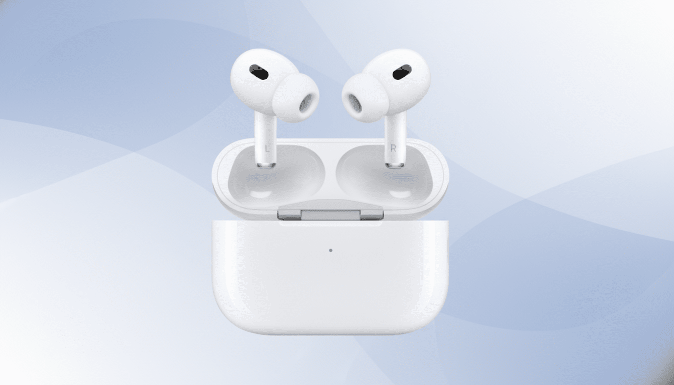 A pair of white Apple AirPods Pro 2 earbuds resting in their open charging case, presented against a professional flat design background with soft blue and white gradients and subtle wave patterns.