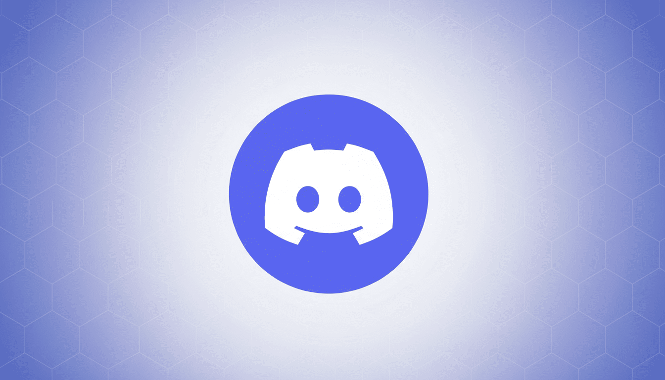 The Discord logo, a white game controller icon with a smiling face, centered within a blue circle. The background is a professional flat design with a soft purple gradient and subtle hexagonal patterns, resized to a 16:9 aspect ratio.