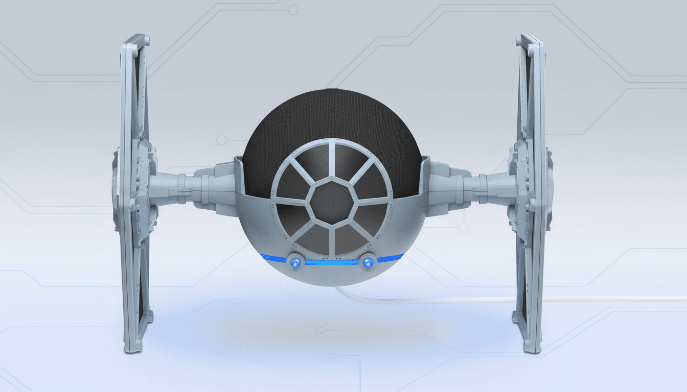 A Star Wars TIE fighter-shaped speaker with a dark gray fabric speaker grille, set against a light gray background with subtle circuit board patterns.