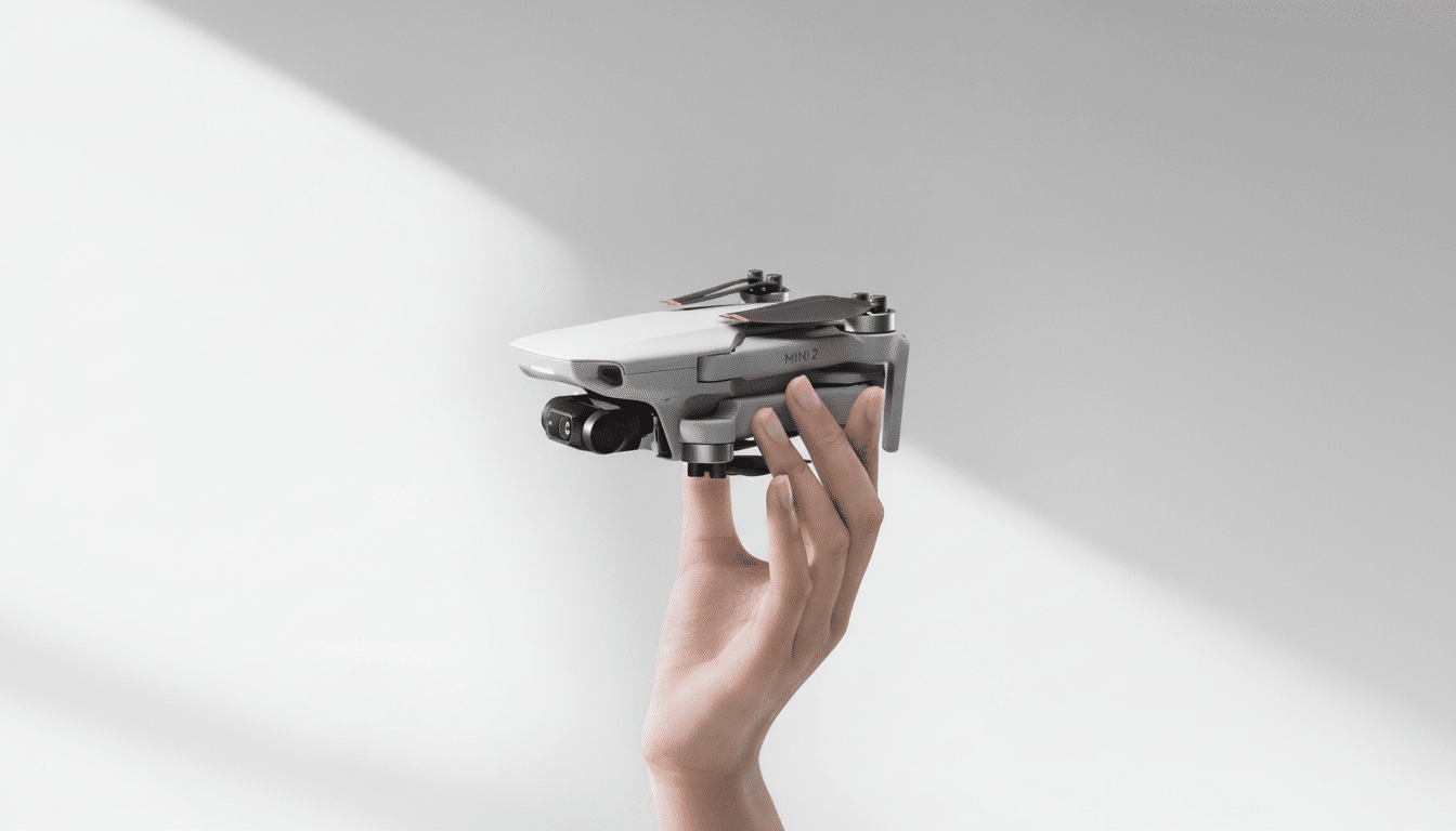 A hand holding a DJI Mini 2 drone against a white background with a shadow.