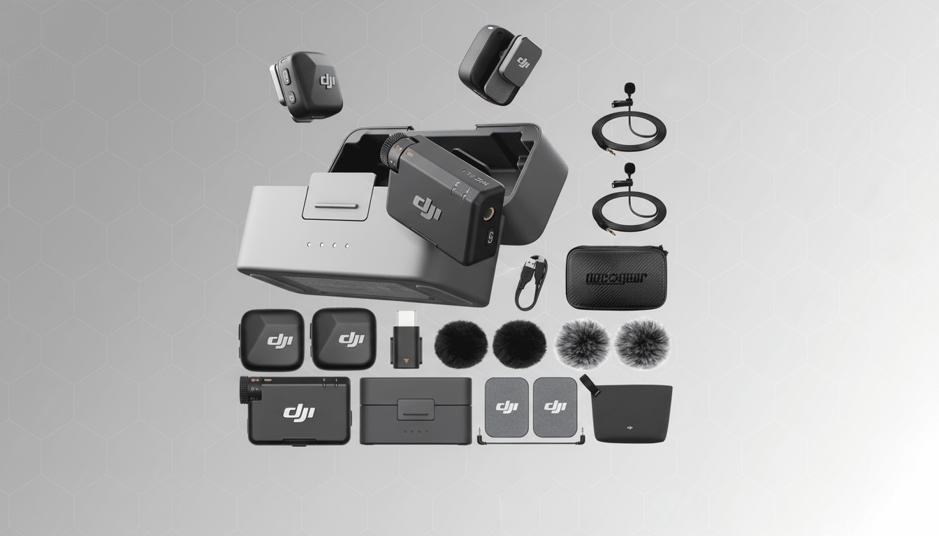 A professional flat design image of the DJI Mic 2 wireless microphone system and its accessories, including transmitters, receiver, charging case, lavalier microphones, wind muffs, and various cables and adapters, all arranged on a soft gray background with subtle geometric patterns.