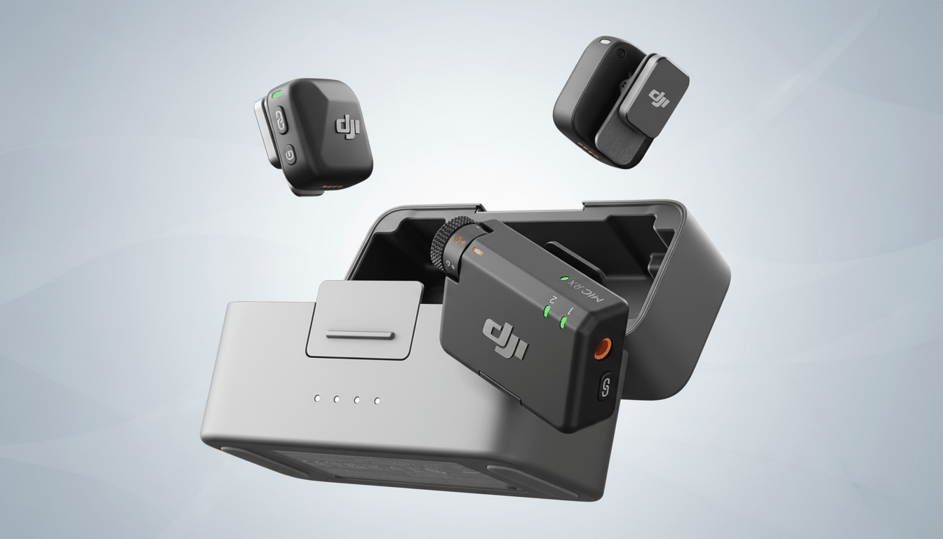 A professional 16:9 aspect ratio image of the DJI Mic wireless microphone system, featuring the charging case, receiver, and two transmitters, set against a clean, light gray background with subtle, soft patterns.