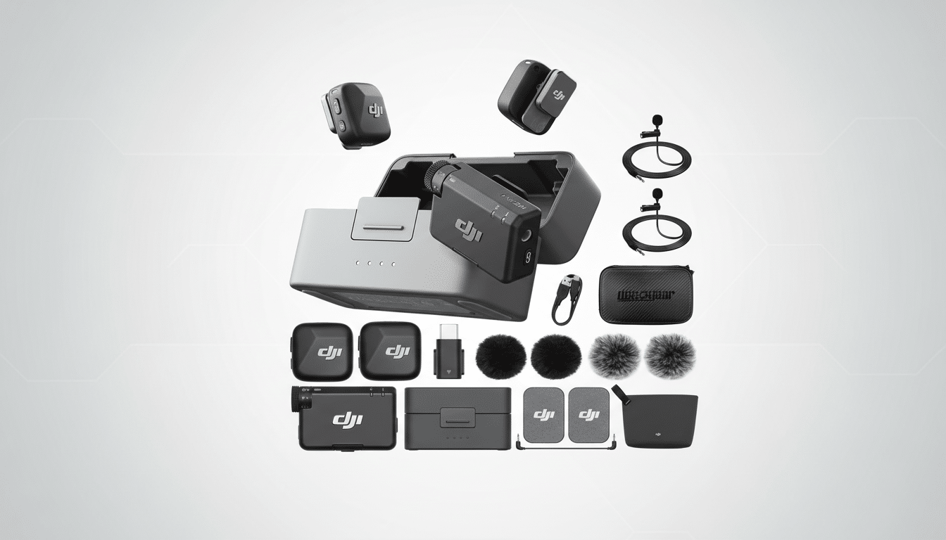 A professional flat design image of a DJI Mic 2 wireless microphone system and its accessories, including transmitters, receiver, charging case, lavalier microphones, wind muffs, and various cables and adapters, all arranged on a soft gradient background.