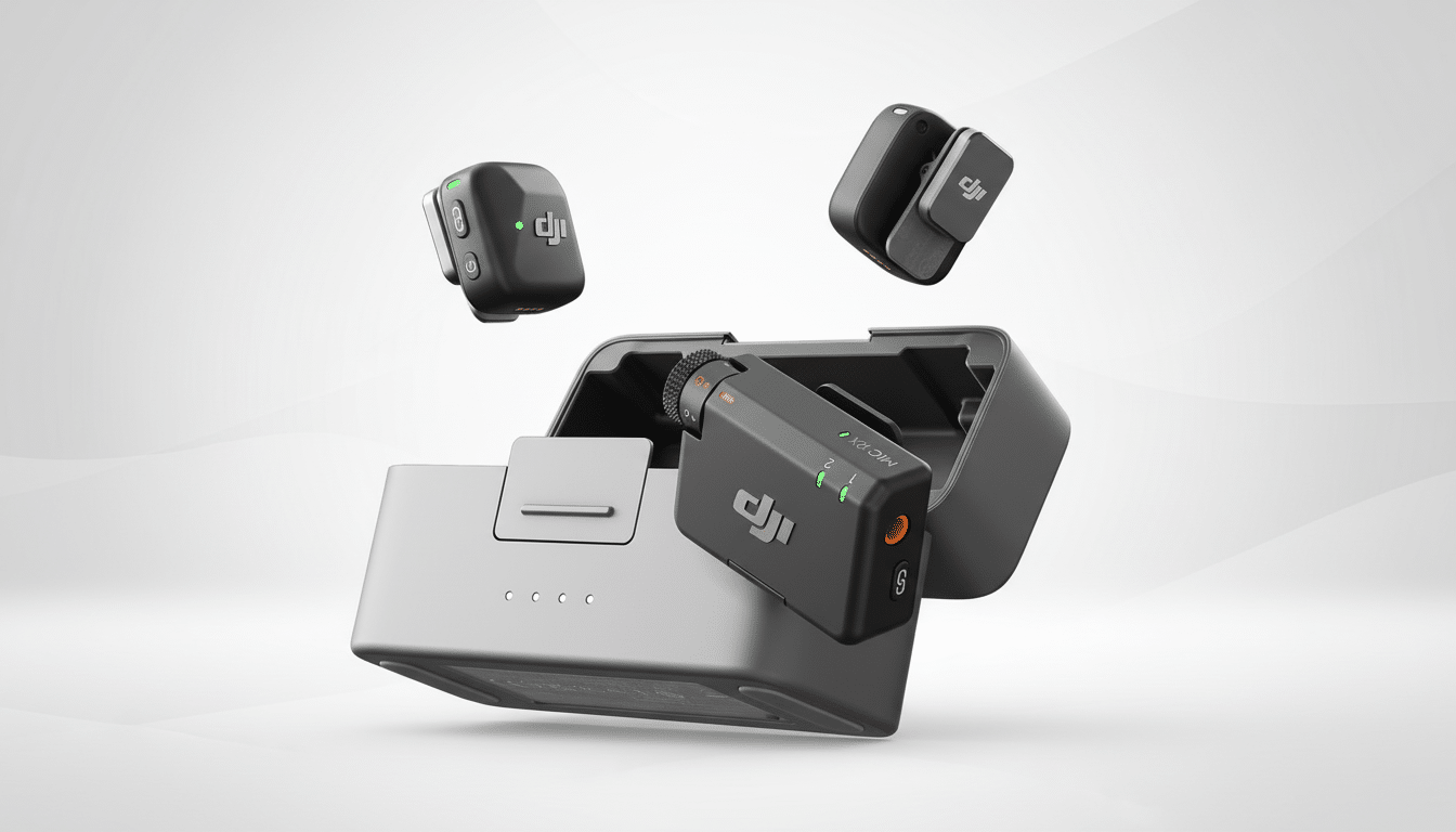 A professional 16:9 aspect ratio image of the DJI Mic wireless microphone system, featuring the charging case, receiver, and two transmitters, all in a clean, professional presentation with a soft gradient background.