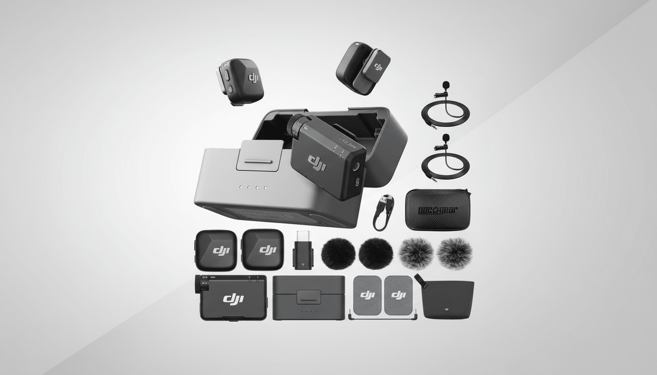 A professional flat design image of the DJI Mic 2 wireless microphone system, including two transmitters, a receiver in its charging case, two lavalier microphones with cables, two furry windscreens, two foam windscreens, a USB-C adapter, a carrying pouch, and a small carrying case, all arranged on a soft gray gradient background.