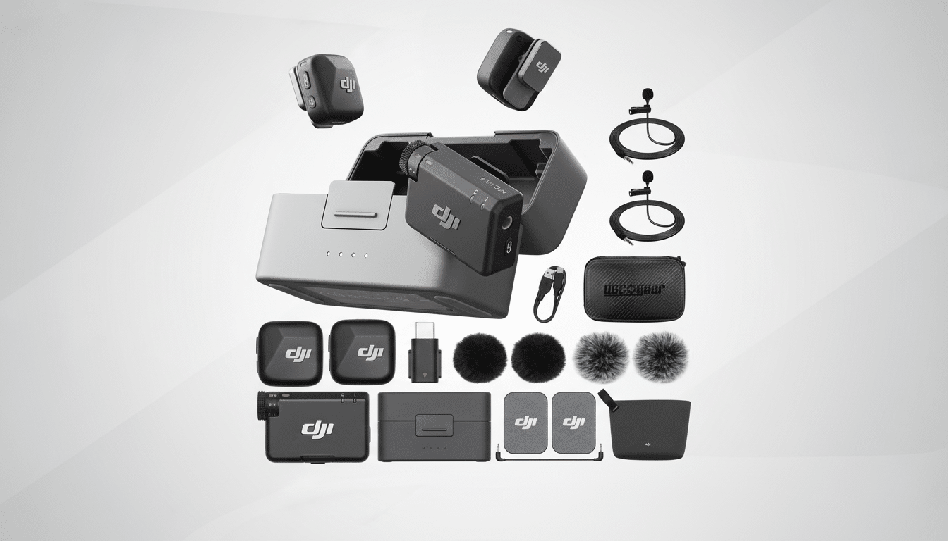 A comprehensive flat lay of the DJI Mic 2 wireless microphone system and accessories, including transmitters, receiver, charging case, lavalier microphones, wind muffs, cables, and carrying pouches, all arranged on a clean, professional light gray background with a subtle gradient.