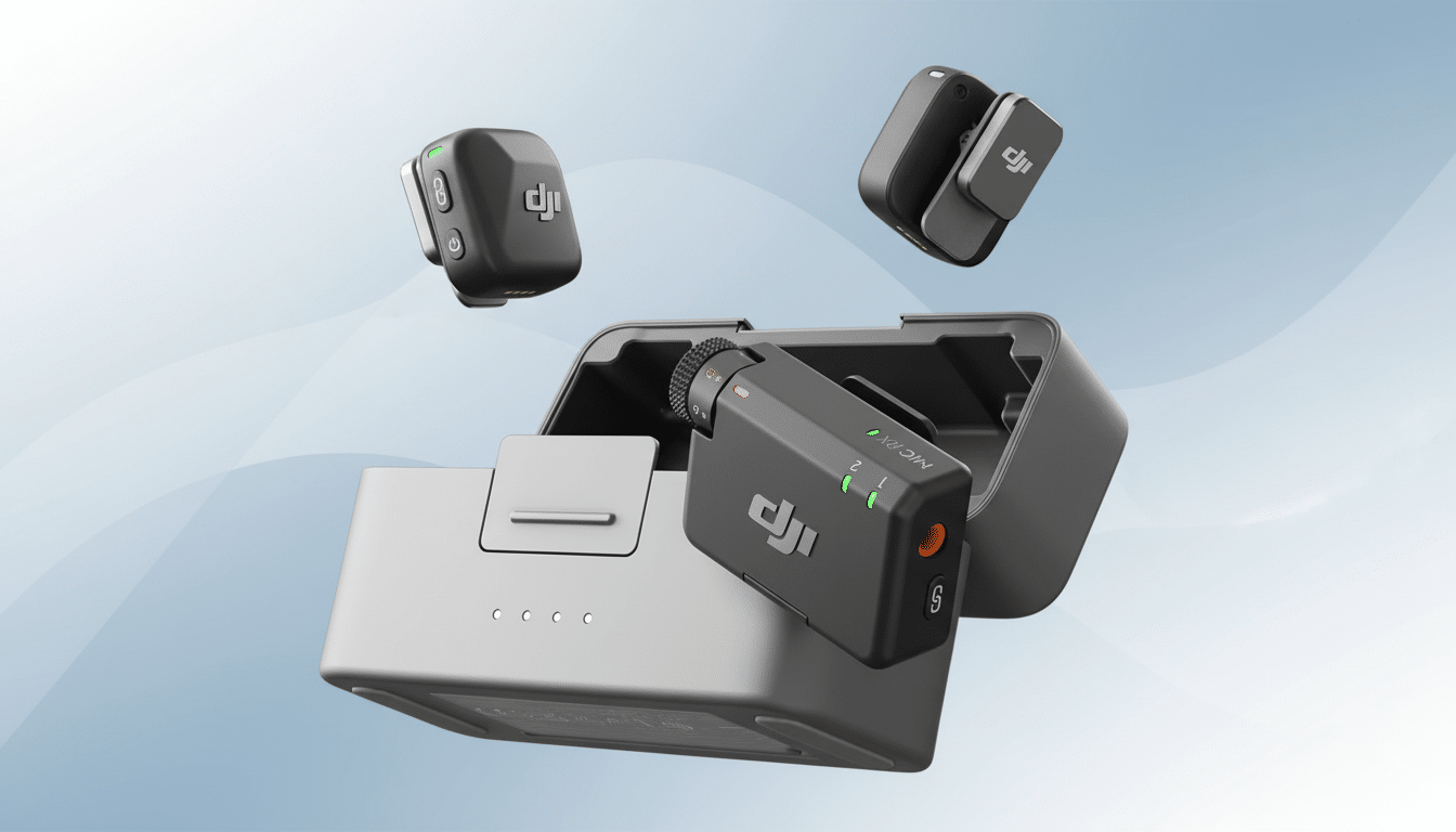 A DJI Mic 2 wireless microphone system, featuring a charging case, a receiver, and two transmitters, presented on a professional flat design background with soft blue and white gradients.