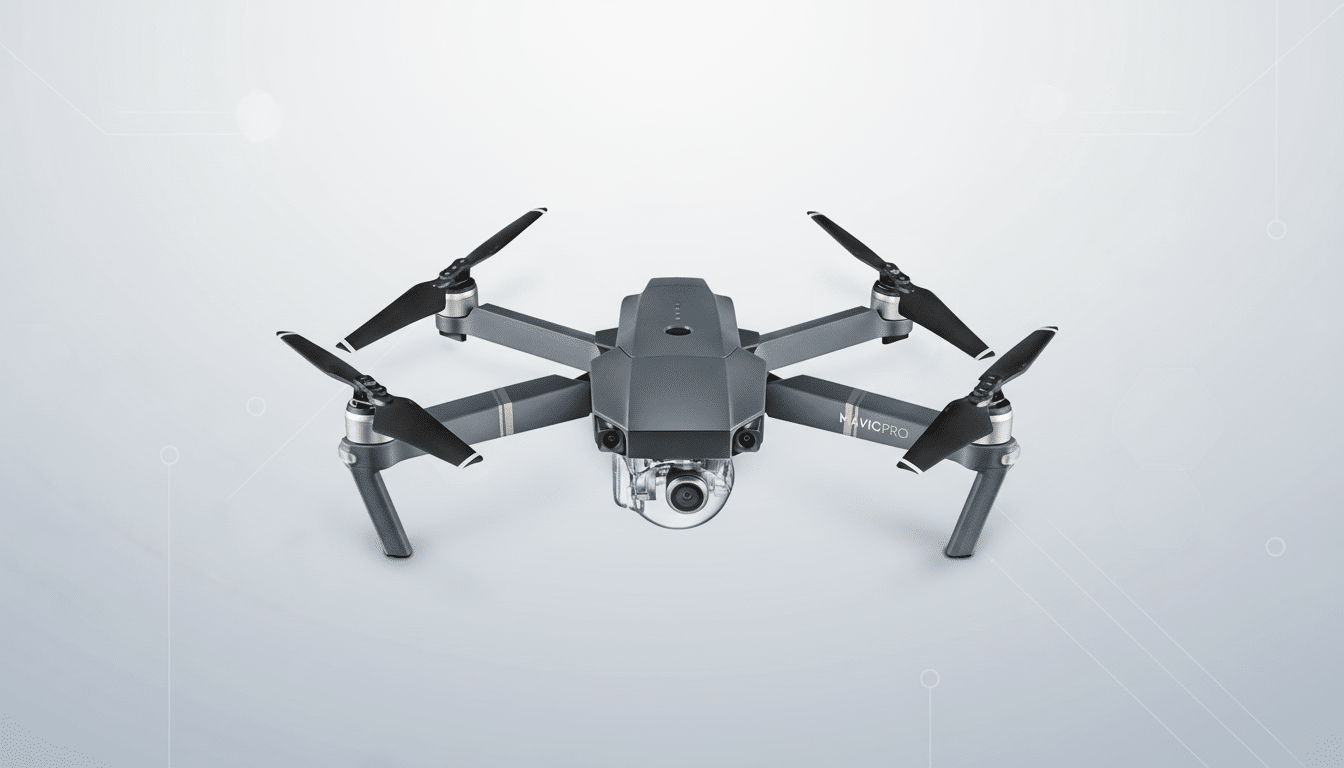 A DJI Mavic Pro drone with its propellers unfolded, presented on a professional light gray background with subtle geometric patterns.