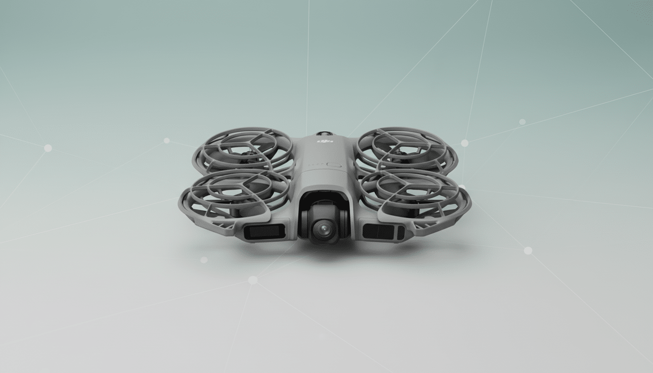 A gray DJI drone with propeller guards, centered on a light gray background with subtle geometric patterns and soft gradients.