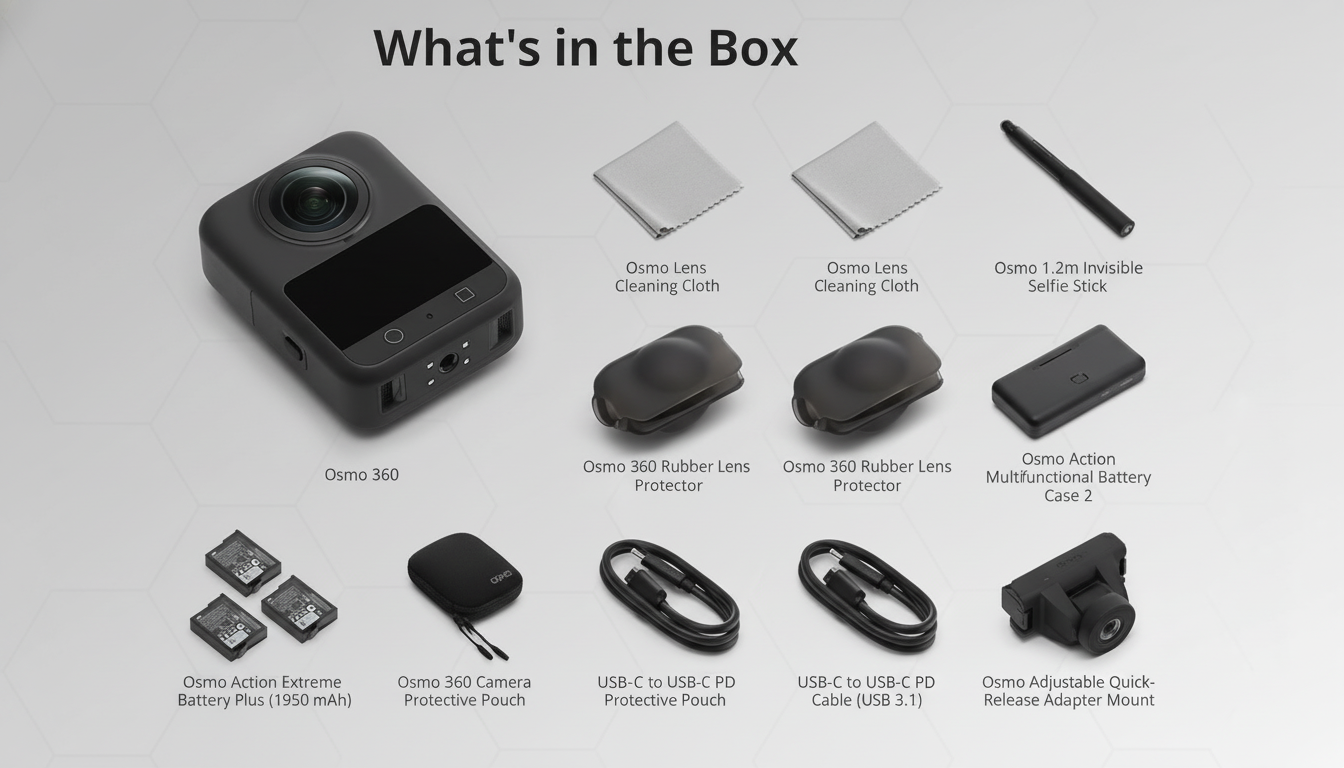 A professionally enhanced image of the contents of a camera box, including the Osmo 360 camera, lens cleaning cloths, selfie stick, rubber lens protector, multifunctional battery case, extreme battery plus, camera protective pouch, USB-C PD cable, and adjustable quick-release adapter mount, all presented on a clean, professional background.