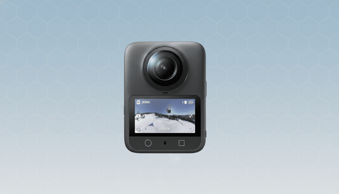 A 360-degree camera with a screen displaying a snowy mountain scene, set against a professional flat design background with soft hexagonal patterns and a blue gradient.