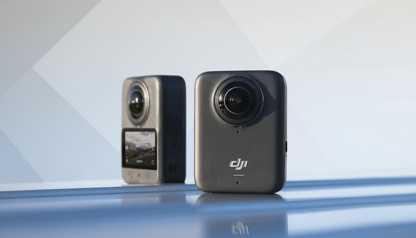 Two DJI 360 cameras, one black and one silver, are displayed on a reflective surface against a professional flat design background with soft patterns and gradients.