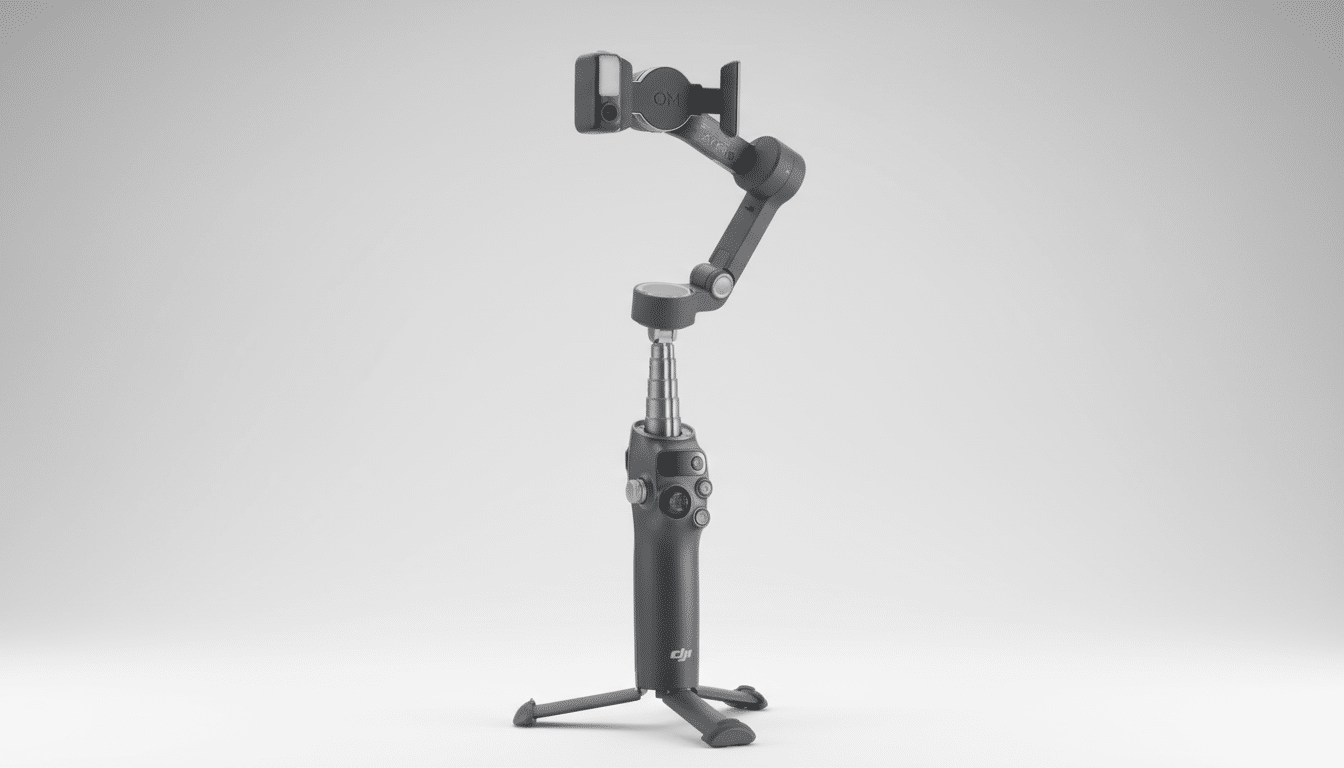 A DJI OM 5 smartphone gimbal with an attached fill light, presented on a professional light gray gradient background.