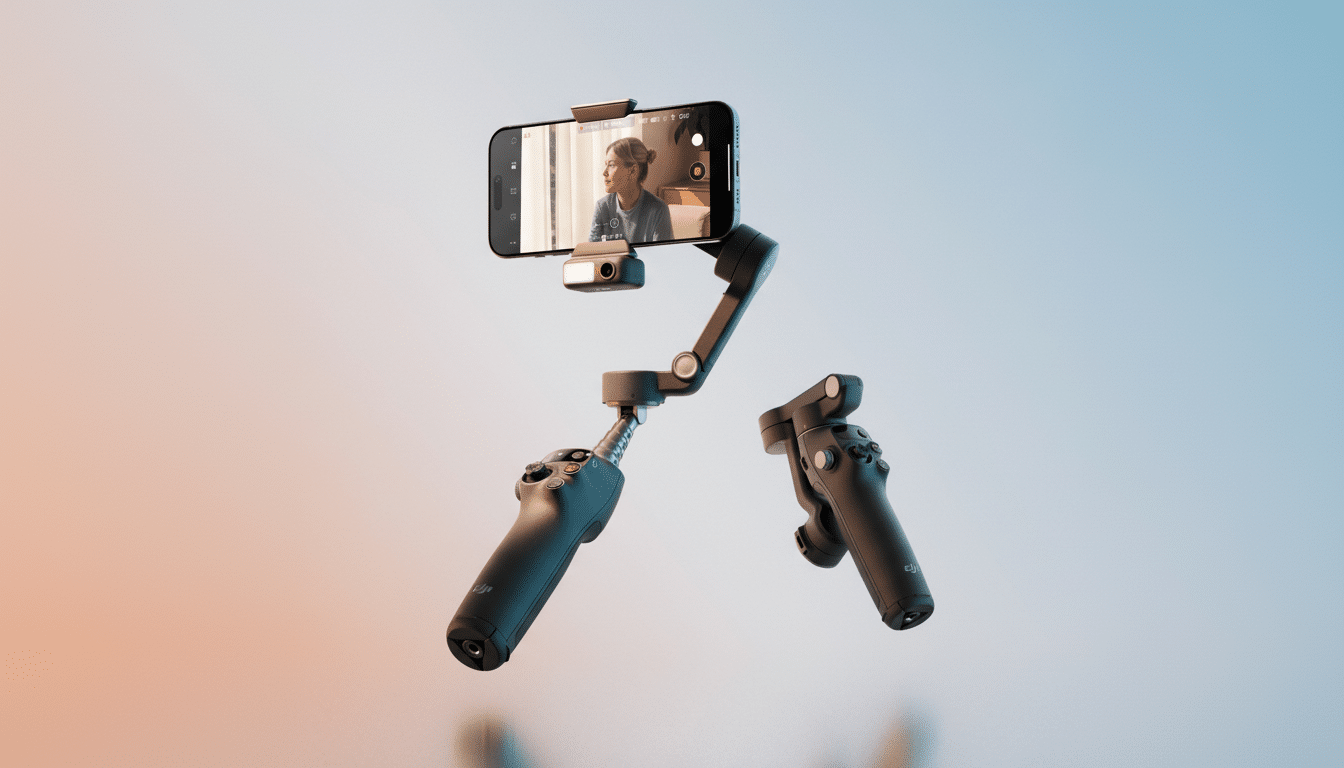 A smartphone mounted on a gimbal, displaying a woman on its screen, with a detached handle of the gimbal floating beside it, all against a gradient background.