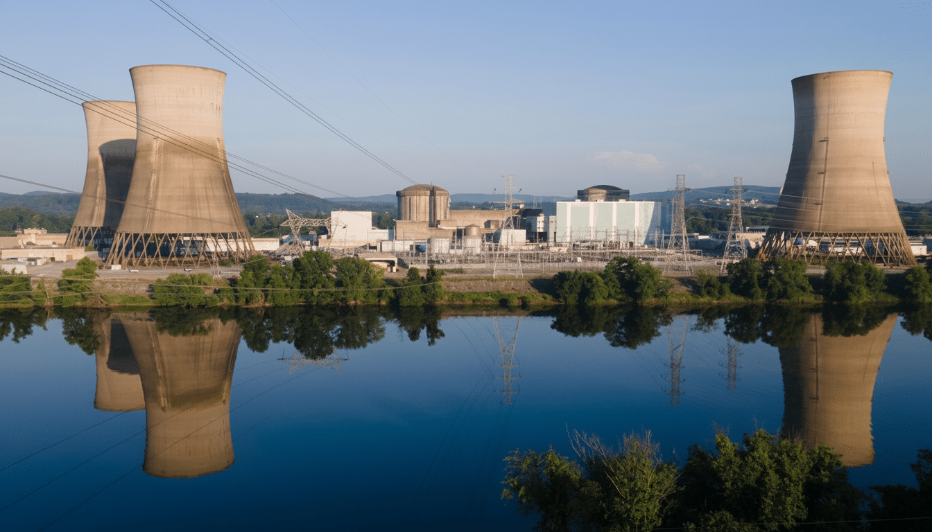 A nuclear power plant with three cooling towers reflected in the calm blue water of a river, under a clear sky.