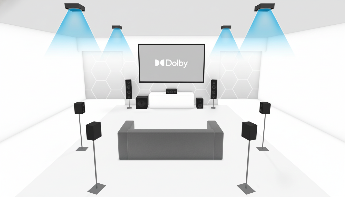 A professional diagram illustrating a Dolby Atmos home theater setup with a screen displaying the Dolby logo, surrounded by multiple speakers, a subwoofer, and a sofa, all in a clean, white room with subtle hexagonal patterns on the back wall.