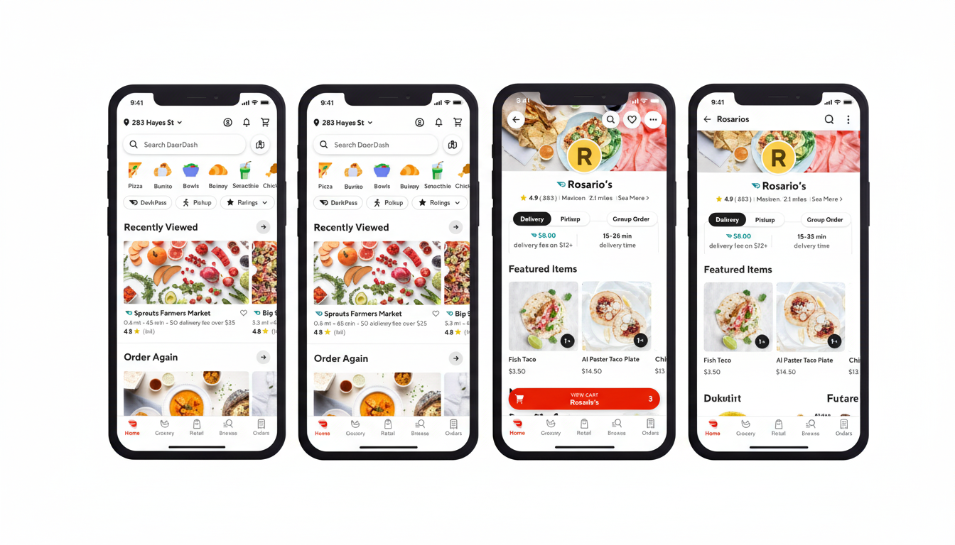 A 16:9 aspect ratio image showing four mobile phone screens displaying the DoorDash app. The first two screens show the home page and a grocery store page, while the last two screens show a restaurants menu and an open cart.