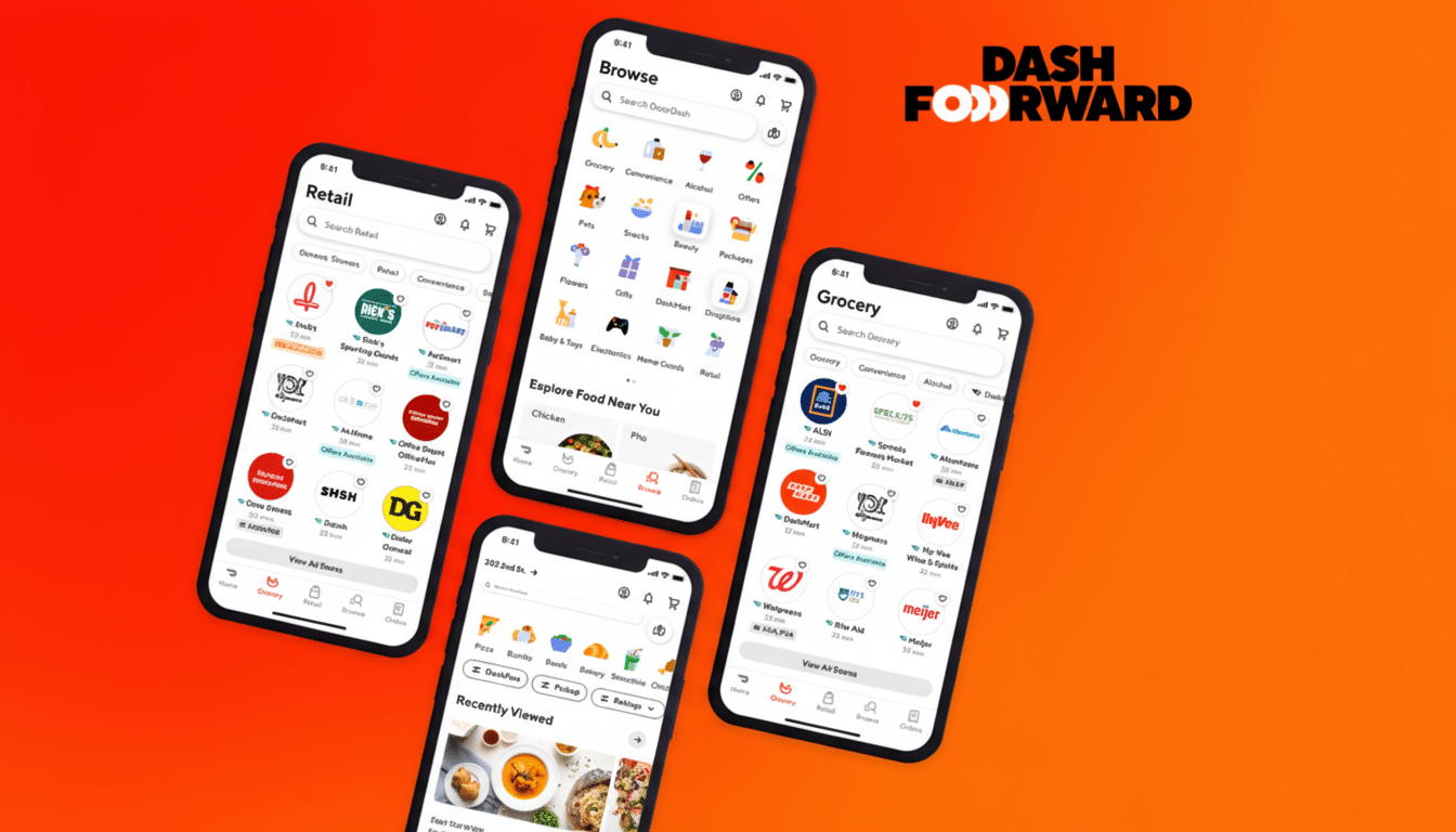 Four smartphones displaying the DoorDash app interface, with the DASH FORWARD logo in the upper right corner, set against an orange gradient background.