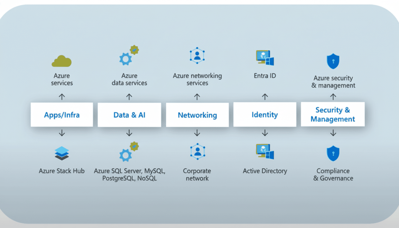 A diagram illustrating Azure services categorized into Apps/Infra, Data & AI, Networking, Identity, and Security & Management, with corresponding underlying technologies.
