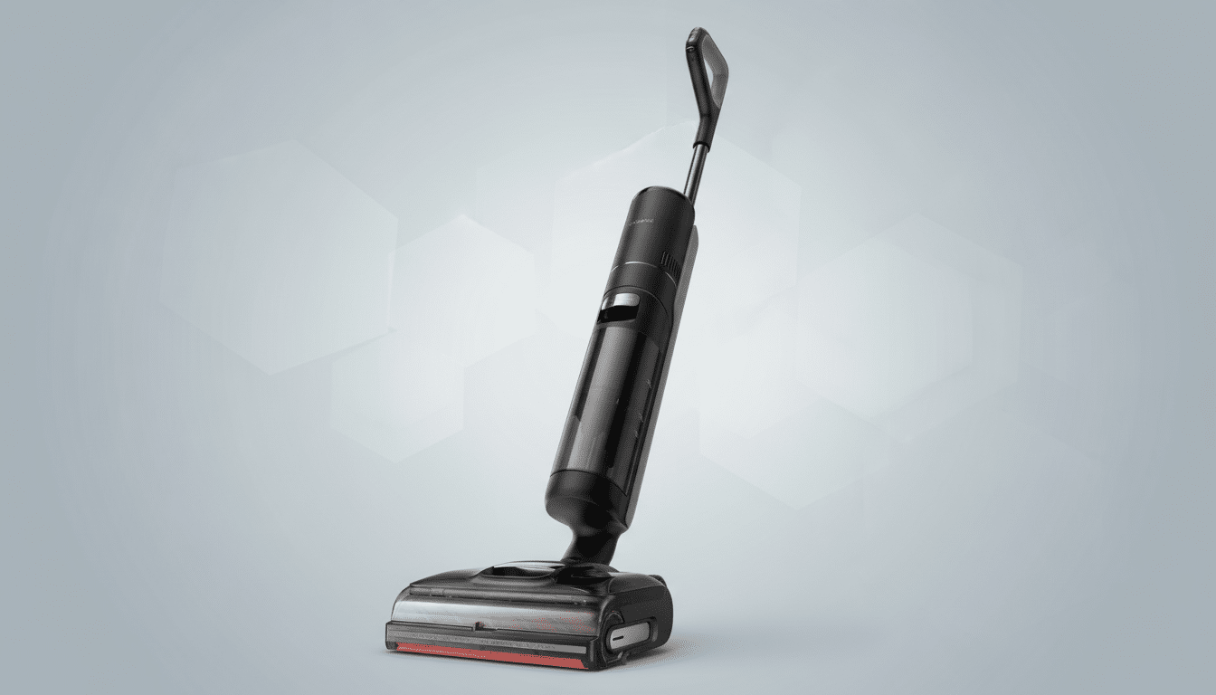 A black and red Dreame wet and dry vacuum cleaner on a light gray background with subtle hexagonal patterns.