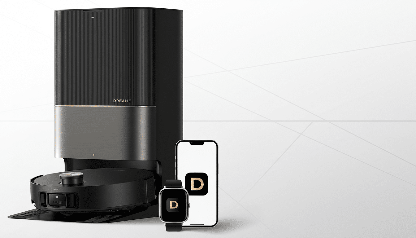 A Dreame robot vacuum and its charging station, accompanied by a smartphone and smartwatch displaying the Dreame app logo, all set against a clean, professional background with subtle geometric patterns.