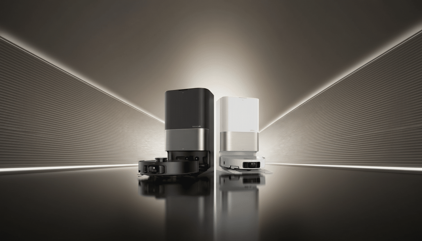 Two robotic vacuum cleaners, one black and one white, are shown side-by-side in a professional setting with a reflective floor and illuminated background.