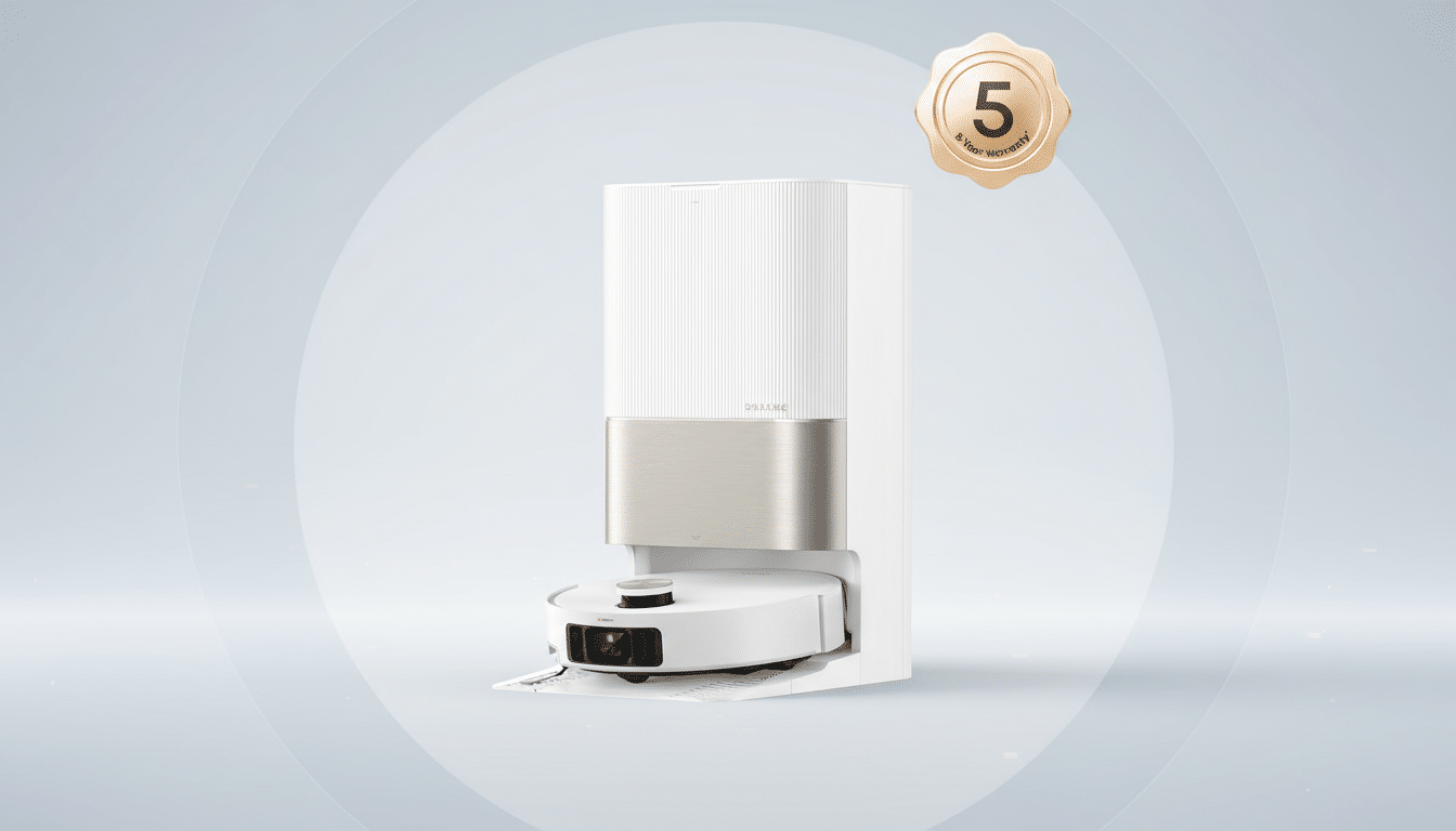A white and gold robotic vacuum cleaner with a self-emptying station, featuring a 5-Year Warranty badge in the upper right corner, set against a professional light gray background with subtle patterns.