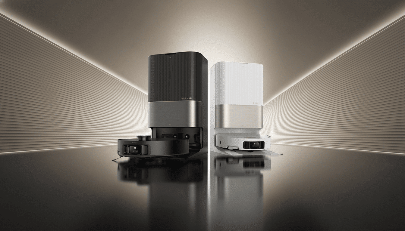 Two Dreame robot vacuum cleaners, one black and one white, are shown side-by-side in a professional studio setting with a reflective floor and illuminated background.