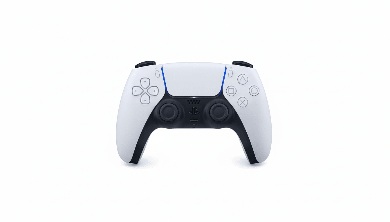A white PlayStation 5 DualSense controller with black accents, centered on a clean white background, presented in a 16:9 aspect ratio.
