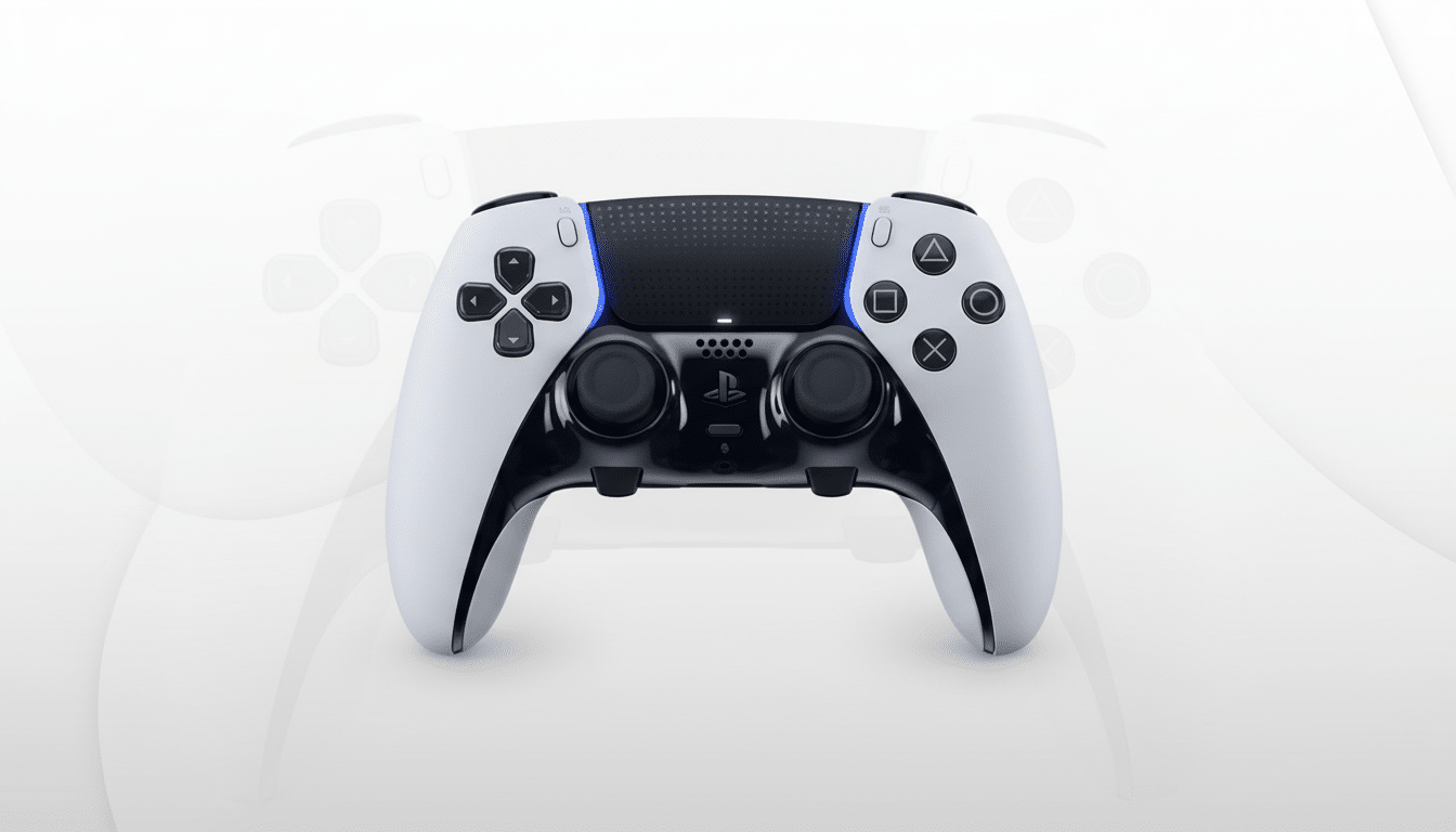 A white and black PlayStation 5 DualSense Edge controller is centered on a professional white background with a subtle, faded outline of the controller behind it.