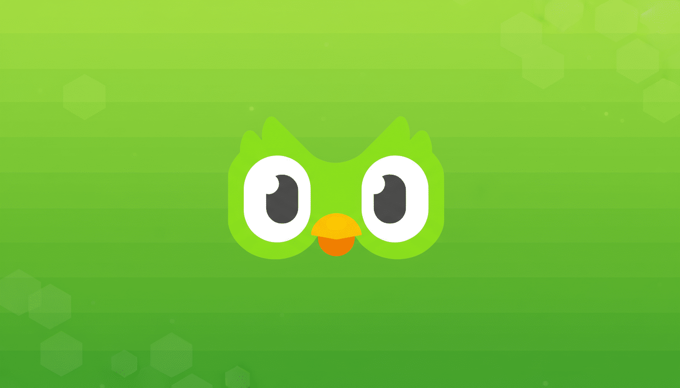 The Duolingo owl logo, Duo, centered on a green background with subtle horizontal stripes and faint hexagonal patterns.