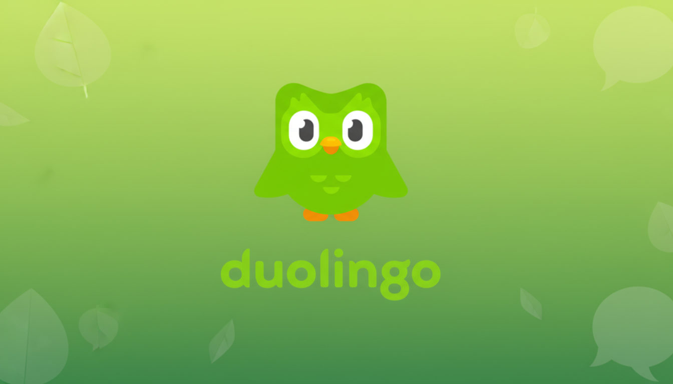 The Duolingo logo, featuring a green owl mascot and the word duolingo in green text, set against a professional 16:9 aspect ratio background with a soft green gradient and subtle leaf and speech bubble patterns.