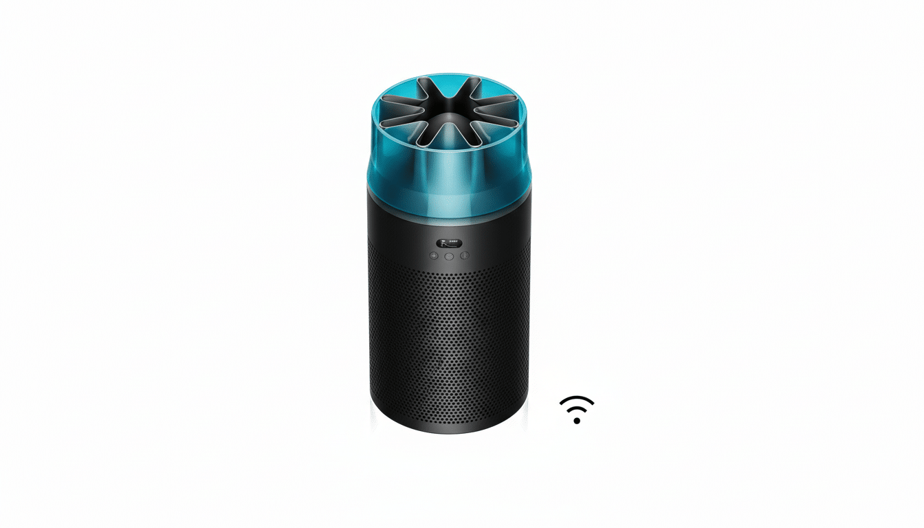 A black cylindrical air purifier with a translucent blue top, shown on a white background with a Wi-Fi symbol.