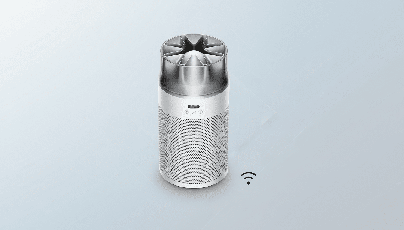 A white and silver cylindrical air purifier with a perforated lower section and a metallic top, shown on a light grey background with subtle geometric patterns, with a Wi-Fi signal icon to its right.