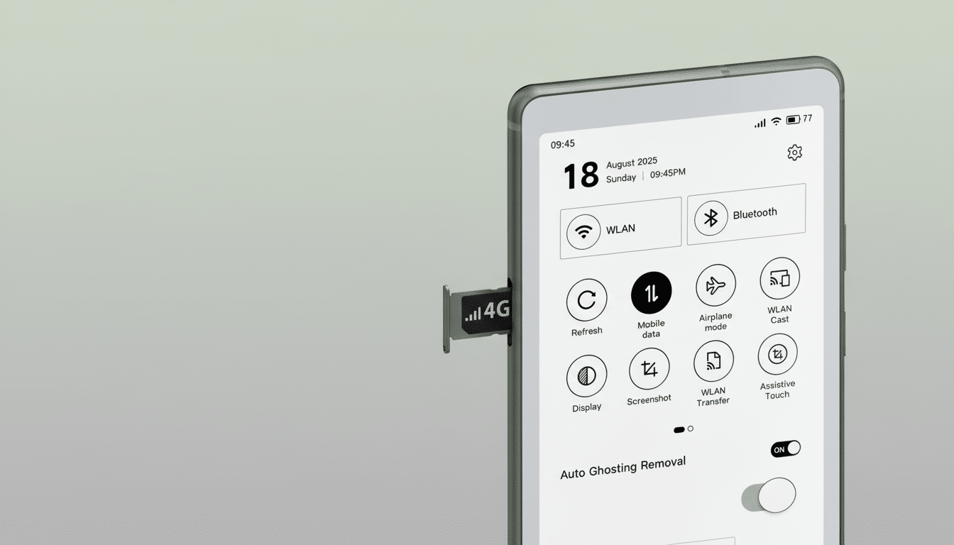 A smartphone displaying a settings menu with a SIM card tray partially ejected, set against a professional flat design background.