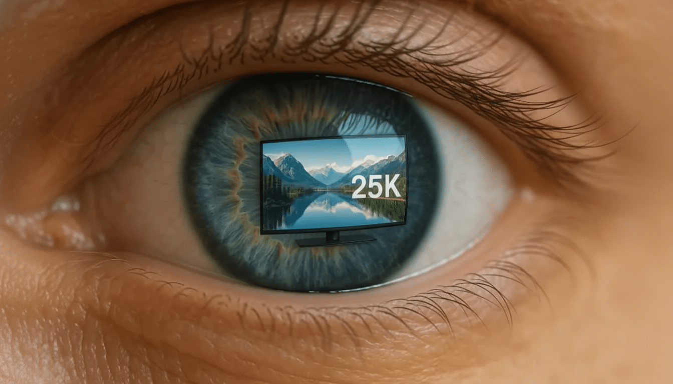A close-up of a human eye with a television screen displaying a mountain landscape and 25K reflected in the pupil.