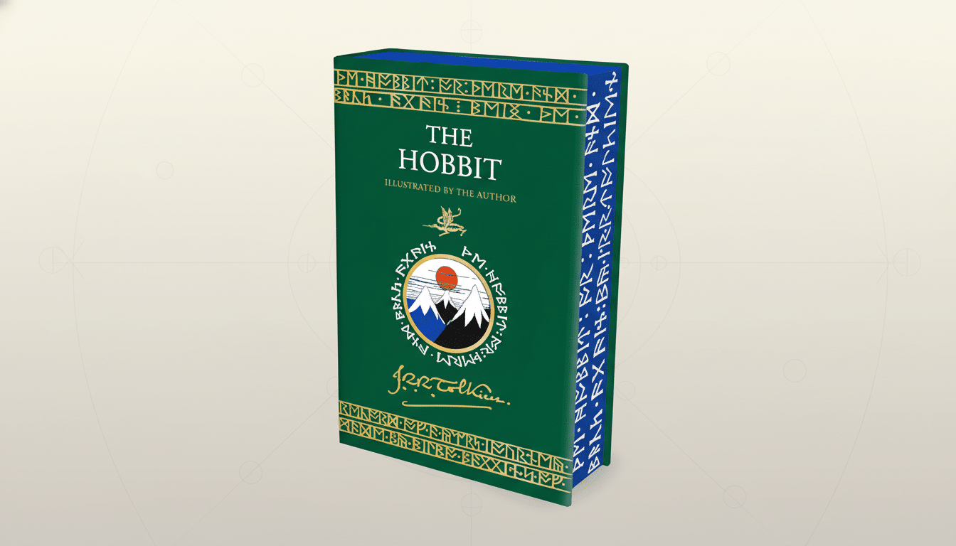 A 16:9 aspect ratio image of The Hobbit book with a green cover and gold and blue accents, set against a professional flat design background with soft patterns.