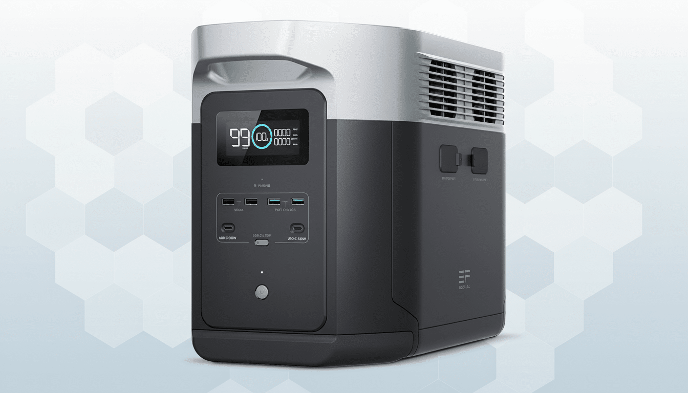 A professional image of an EcoFlow portable power station, resized to a 16:9 aspect ratio, set against a clean, light blue and white hexagonal pattern background.