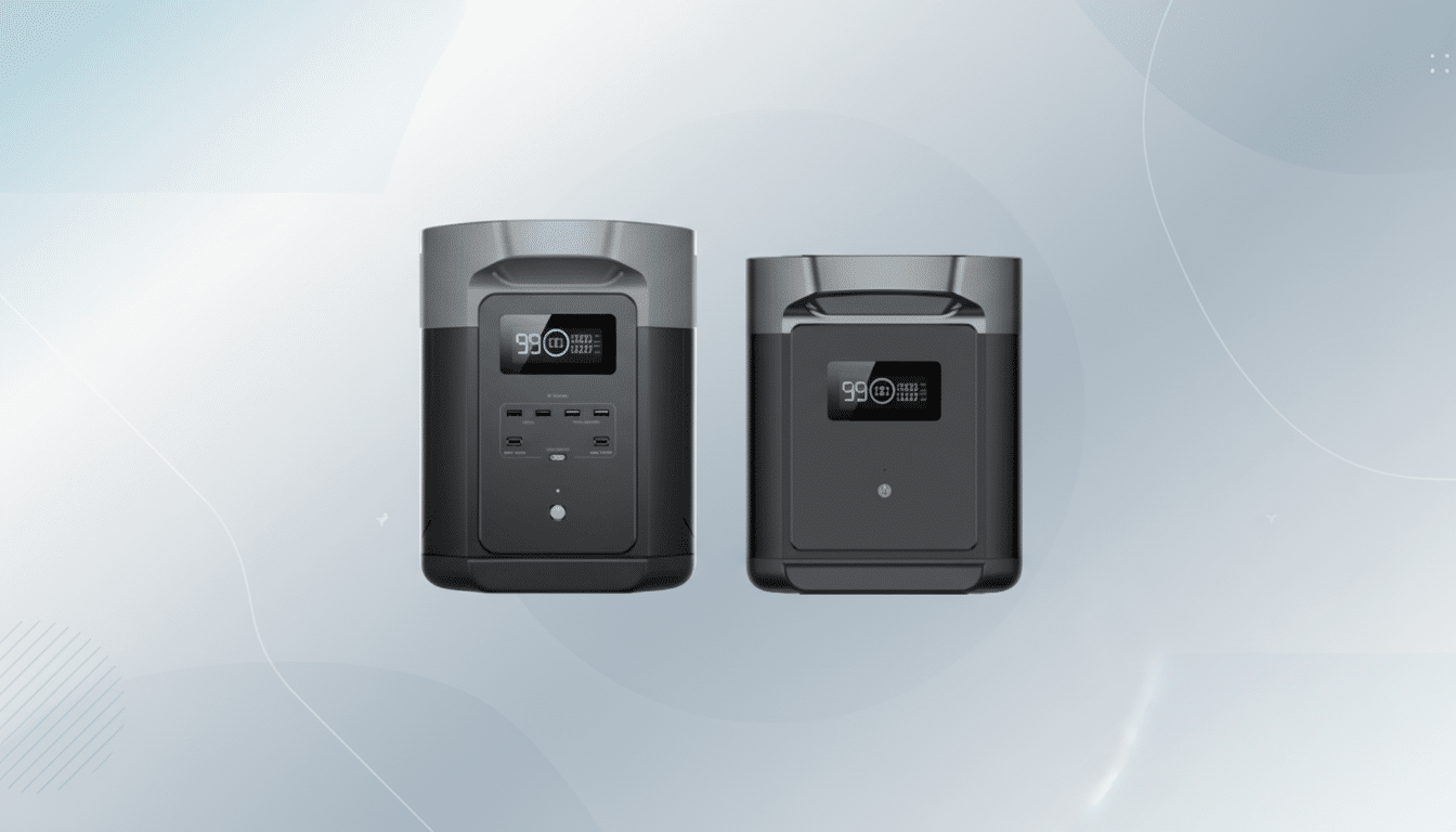 Two portable power stations, one larger and one smaller, are displayed side-by-side against a professional flat design background with soft patterns and gradients.