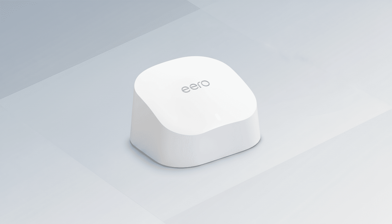 A white Eero mesh Wi-Fi device on a professional flat design background with soft gray geometric patterns.