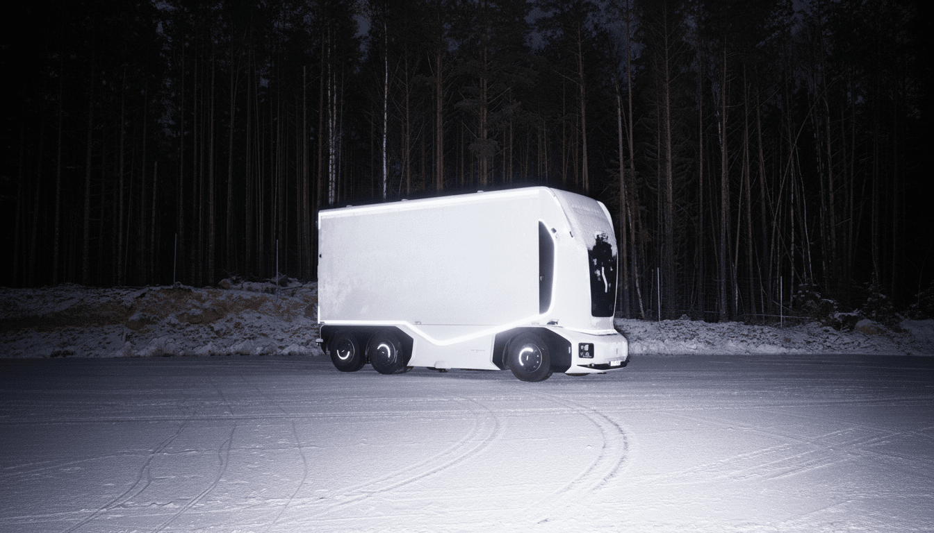 A white autonomous truck on a snowy surface with a dark forest in the background, resized to a 16:9 aspect ratio.