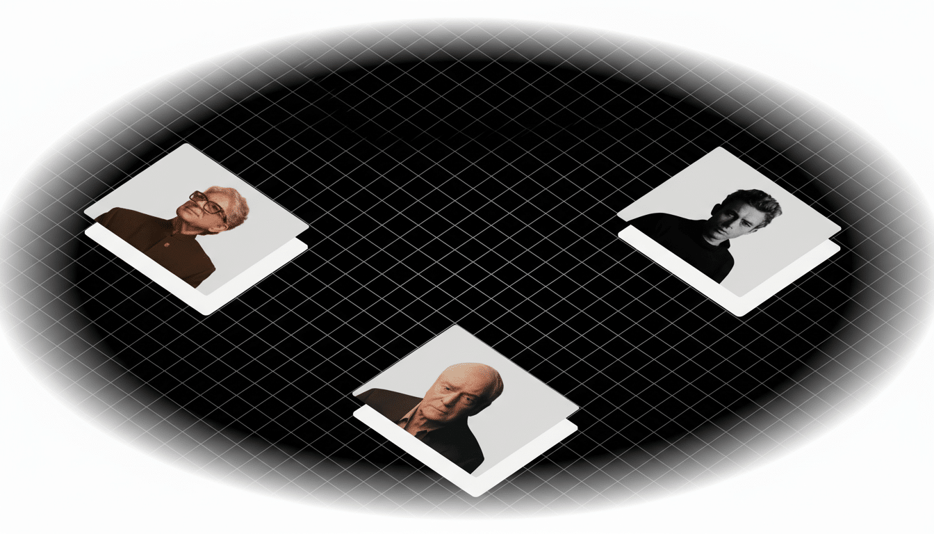 Three men in square frames arranged in a triangle on a black grid background with a white oval border.